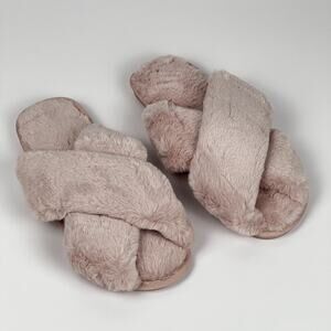Women’s Plush Cross Band Slippers Beige Pink Faux Fur Indoor House Shoes–Size 9